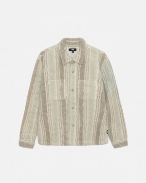 Beige Stussy Striped Sherpa Shirt Men's Shirts Jakarta | Indonesia XYD-2467