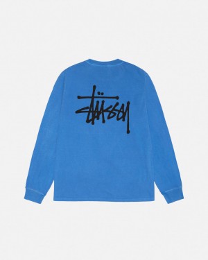 Blue Stussy Basic Stussy LS Tee Pigment Dyed Men's Tees Jakarta | Indonesia FZC-3549