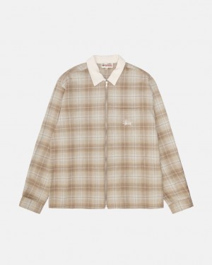 Brown Stussy Frank Plaid Zip Shirt Women's Shirts Jakarta | Indonesia QQV-8319