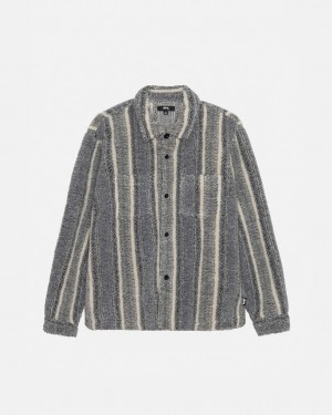 Charcoal Stussy Striped Sherpa Shirt Men's Shirt Jackets Jakarta | Indonesia UOI-0356