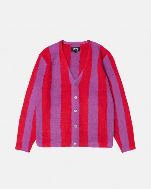 Purple Stussy Stripe Brushed Cardigan Men's Sweaters Jakarta | Indonesia FCL-0433