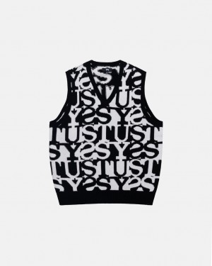 White / Black Stussy Stacked Sweater Vest Men's Sweaters Jakarta | Indonesia ENP-1886