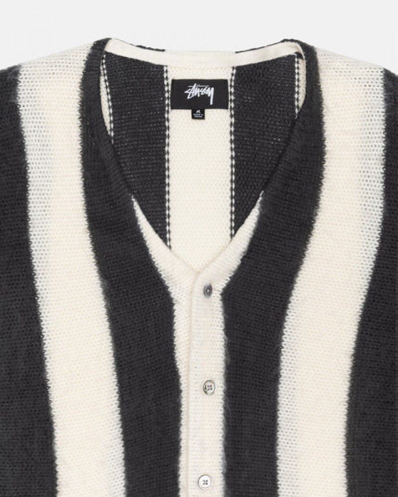 Beige Stussy Stripe Brushed Cardigan Men's Sweaters Jakarta | Indonesia KIL-2975