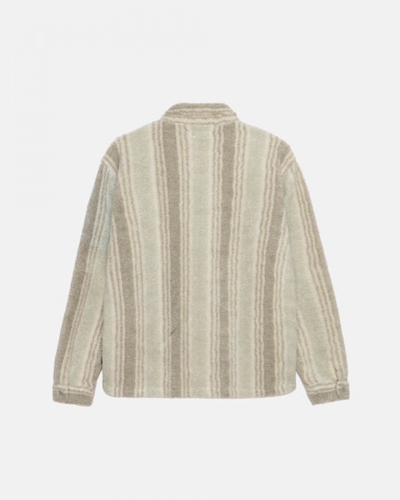 Beige Stussy Striped Sherpa Shirt Men's Shirt Jackets Jakarta | Indonesia QFH-2333