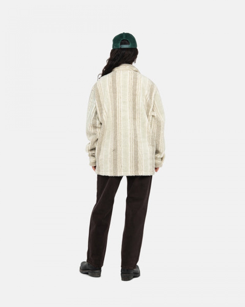 Beige Stussy Striped Sherpa Shirt Men's Shirt Jackets Jakarta | Indonesia QFH-2333