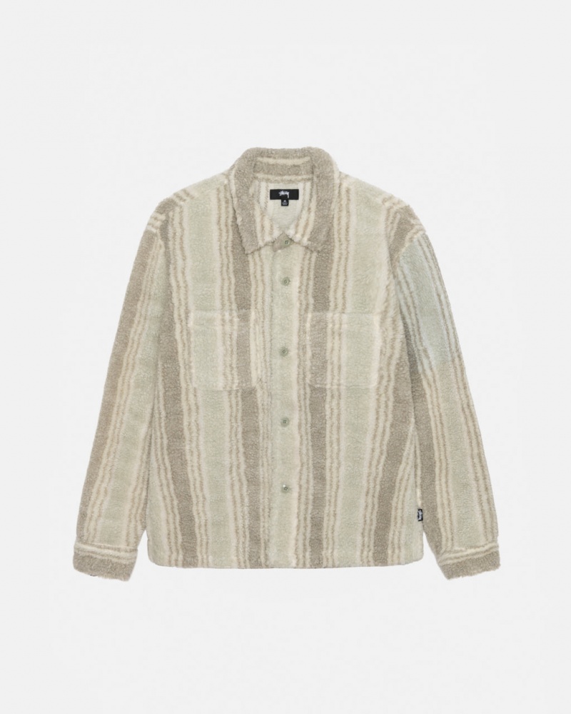 Beige Stussy Striped Sherpa Shirt Men\'s Shirt Jackets Jakarta | Indonesia QFH-2333