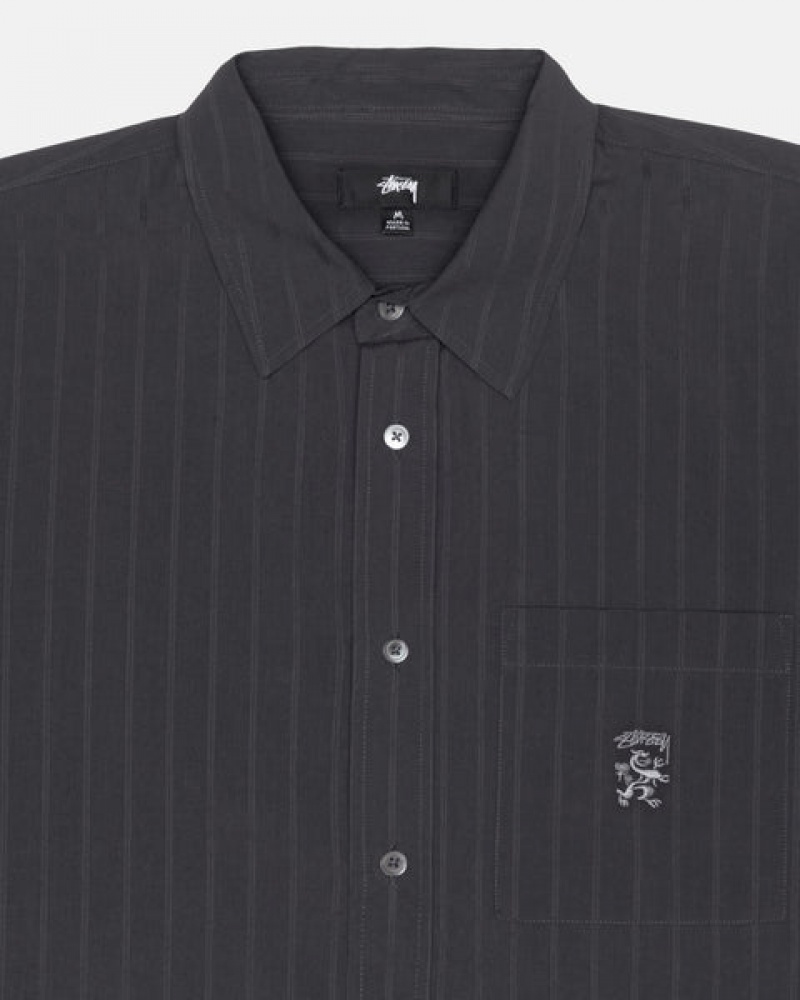 Black Stussy Boxy Striped Shirt Men's Shirts Jakarta | Indonesia BGM-6036