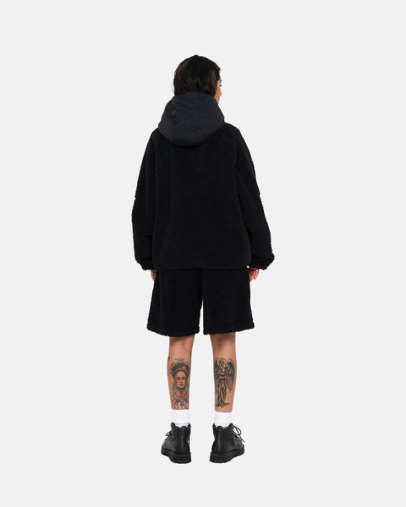 Black Stussy Sherpa Paneled Hooded Jacket Men's Jackets Jakarta | Indonesia LIG-9031