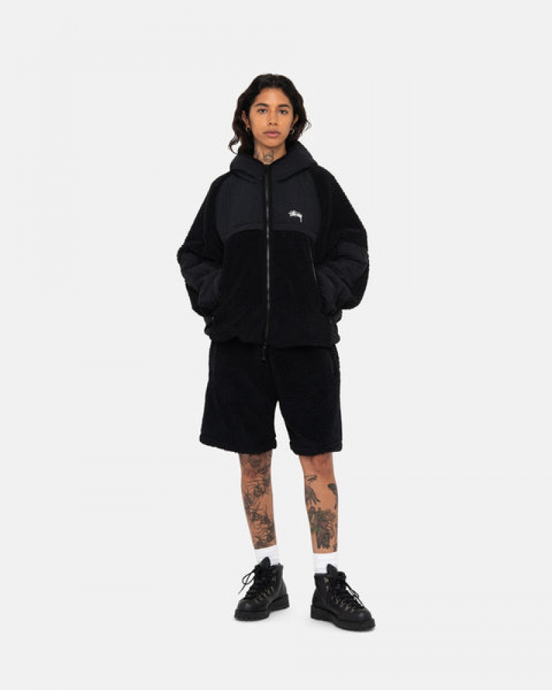 Black Stussy Sherpa Paneled Hooded Jacket Men's Jackets Jakarta | Indonesia LIG-9031