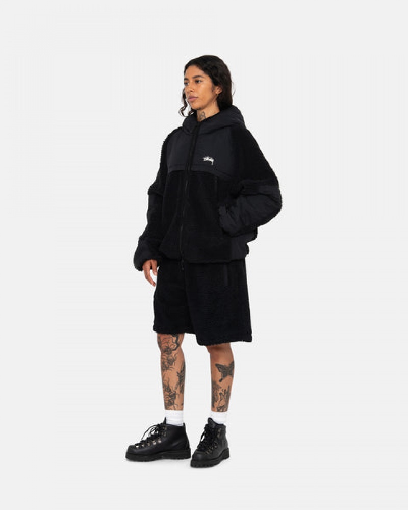 Black Stussy Sherpa Paneled Hooded Jacket Men's Jackets Jakarta | Indonesia LIG-9031