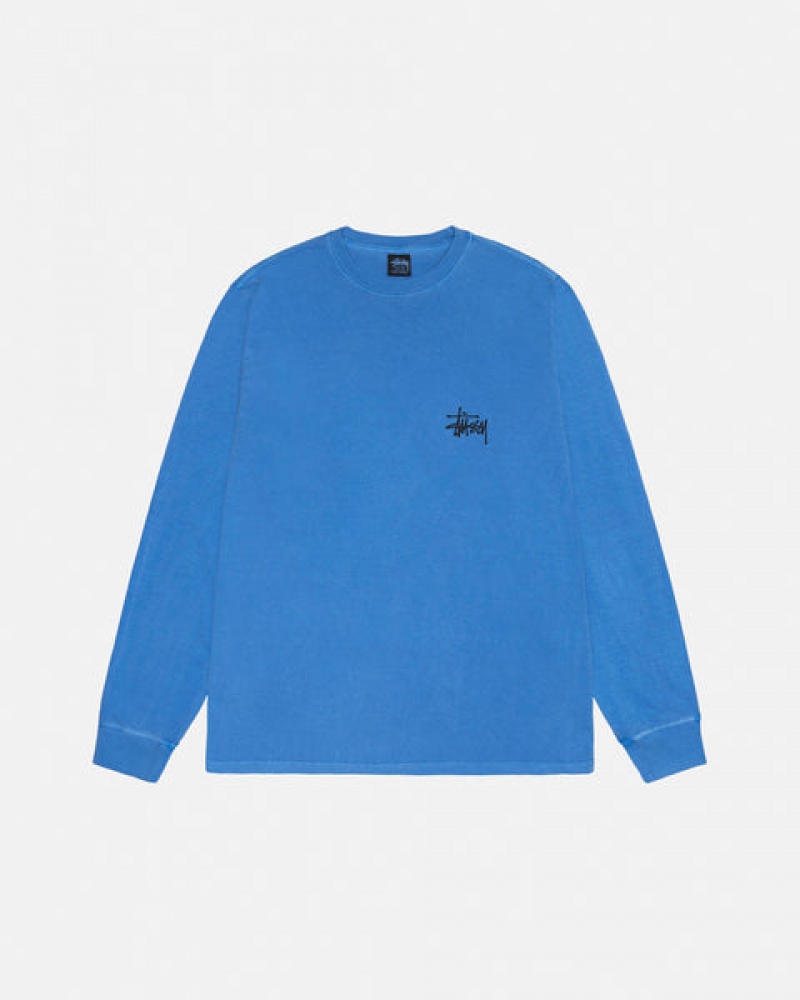 Blue Stussy Basic Stussy LS Tee Pigment Dyed Men's Tees Jakarta | Indonesia FZC-3549