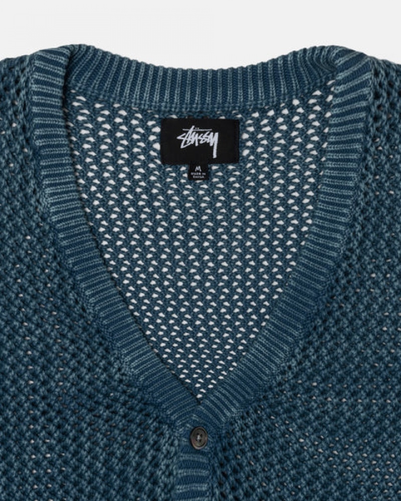 Blue Stussy Loose Gauge Cardigan Men's Sweaters Jakarta | Indonesia WCT-6543