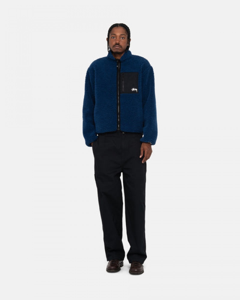 Blue Stussy Sherpa Reversible Jacket Men's Jackets Jakarta | Indonesia UMN-7197