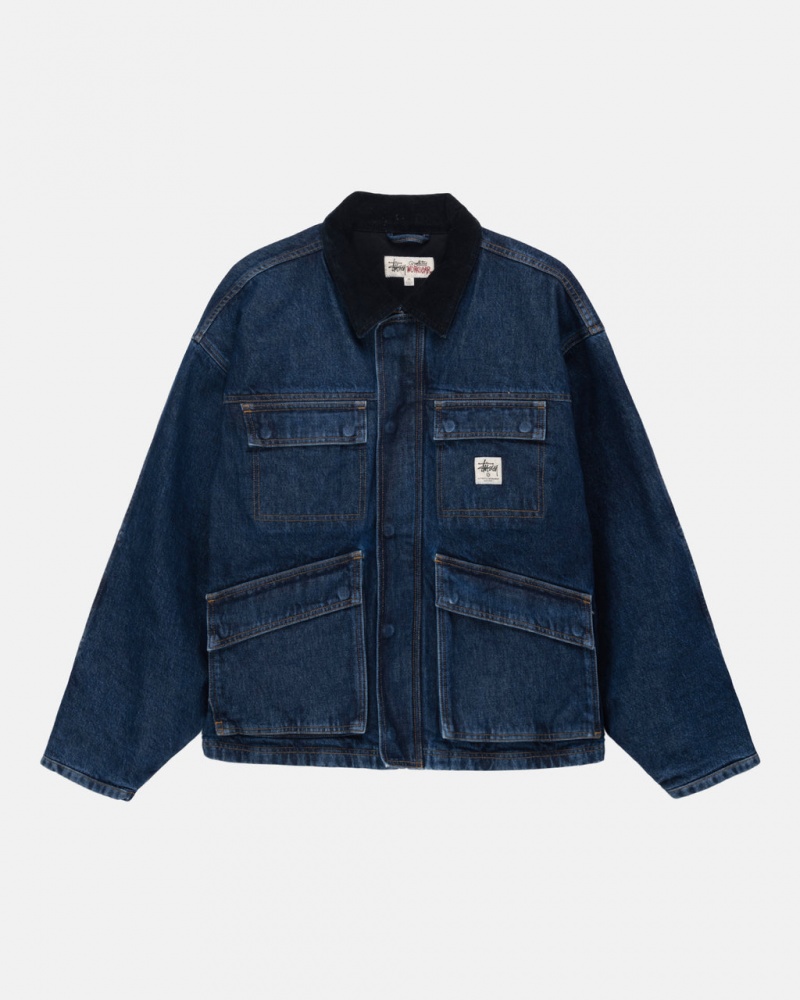 Blue Stussy Shop Jacket Washed Denim Men\'s Jackets Jakarta | Indonesia GVM-6777