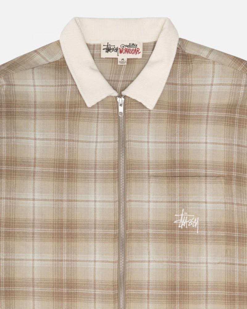 Brown Stussy Frank Plaid Zip Shirt Men's Shirts Jakarta | Indonesia RRM-3204