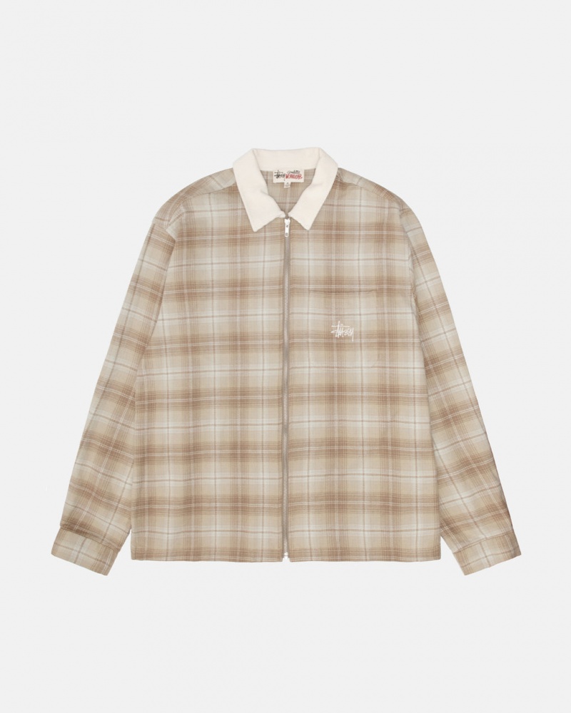 Brown Stussy Frank Plaid Zip Shirt Men\'s Shirts Jakarta | Indonesia RRM-3204