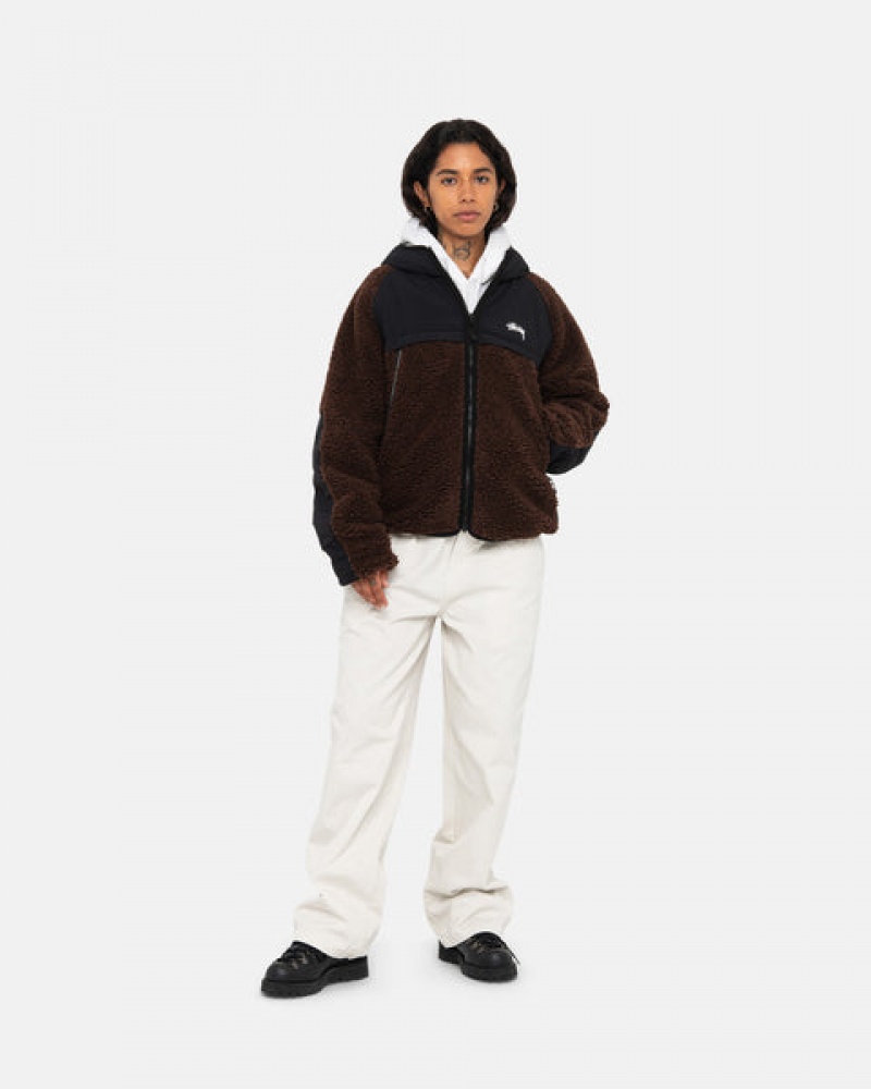 Brown Stussy Sherpa Paneled Hooded Jacket Women's Jackets Jakarta | Indonesia QVU-7328