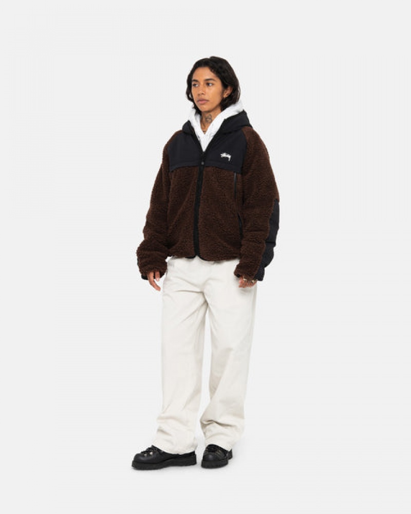 Brown Stussy Sherpa Paneled Hooded Jacket Women's Jackets Jakarta | Indonesia QVU-7328