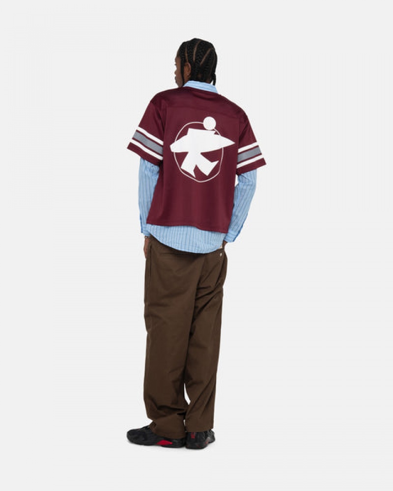 Burgundy Stussy Surfman Mesh Football Jersey Men's Tops Jakarta | Indonesia TVI-8203