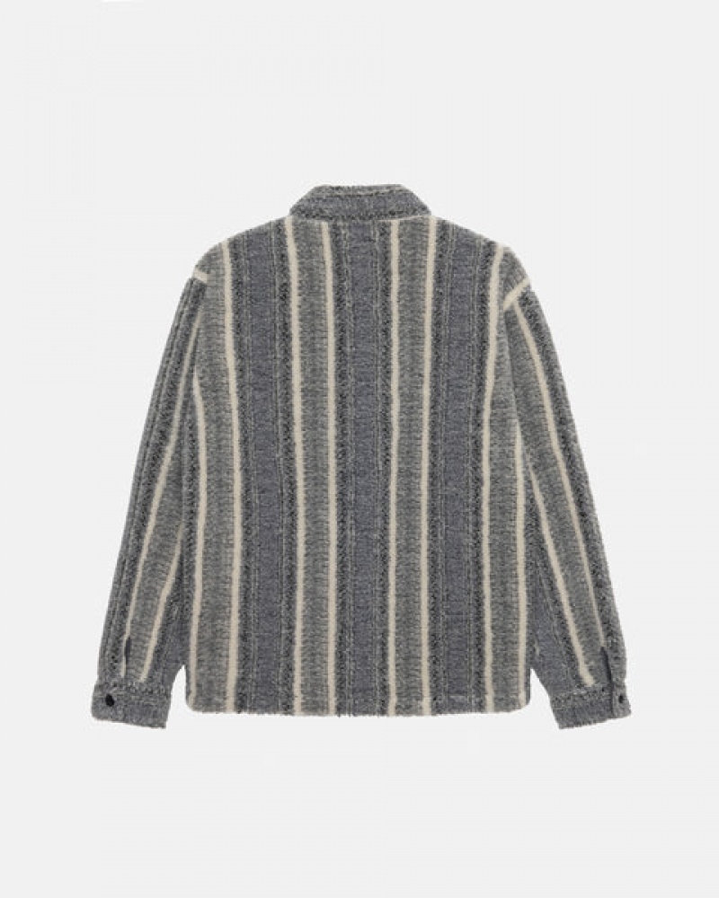 Charcoal Stussy Striped Sherpa Shirt Men's Shirts Jakarta | Indonesia DYM-5925