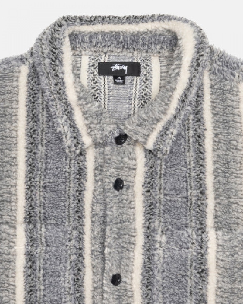 Charcoal Stussy Striped Sherpa Shirt Men's Shirts Jakarta | Indonesia DYM-5925