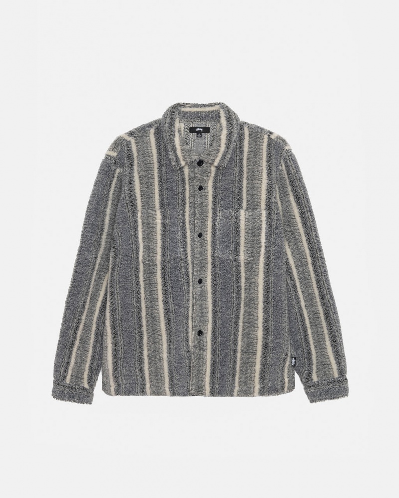 Charcoal Stussy Striped Sherpa Shirt Men\'s Shirts Jakarta | Indonesia DYM-5925