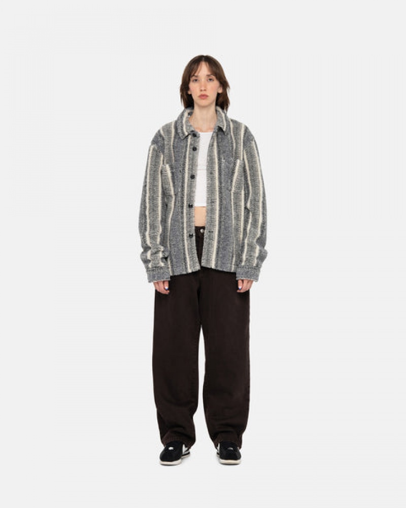 Charcoal Stussy Striped Sherpa Shirt Women's Shirt Jackets Jakarta | Indonesia RKF-8104