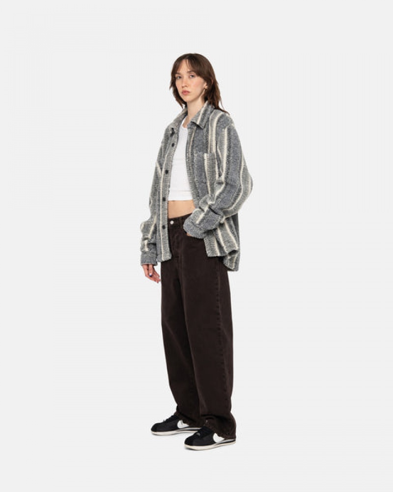 Charcoal Stussy Striped Sherpa Shirt Women's Shirt Jackets Jakarta | Indonesia RKF-8104