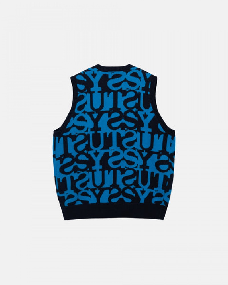 Dark Navy Stussy Stacked Sweater Vest Men's Sweaters Jakarta | Indonesia MMH-9879