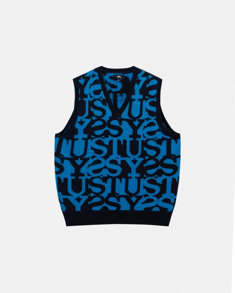 Dark Navy Stussy Stacked Sweater Vest Men\'s Sweaters Jakarta | Indonesia MMH-9879