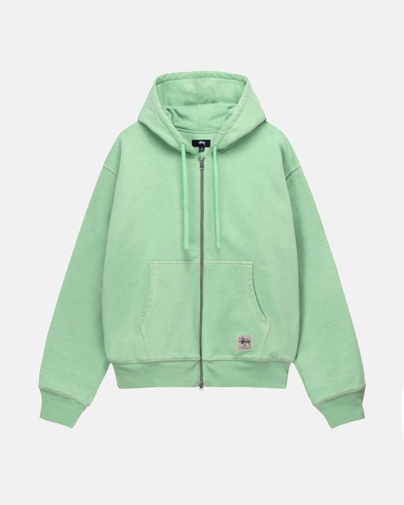 Green Stussy Double Face Label Zip Hoodie Men\'s Hoodie Jakarta | Indonesia QPX-7798