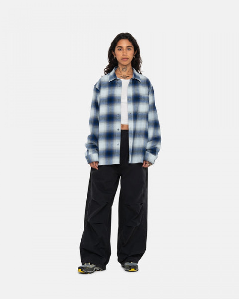 Navy Stussy Bay Plaid Shirt Women's Shirts Jakarta | Indonesia HLW-0459