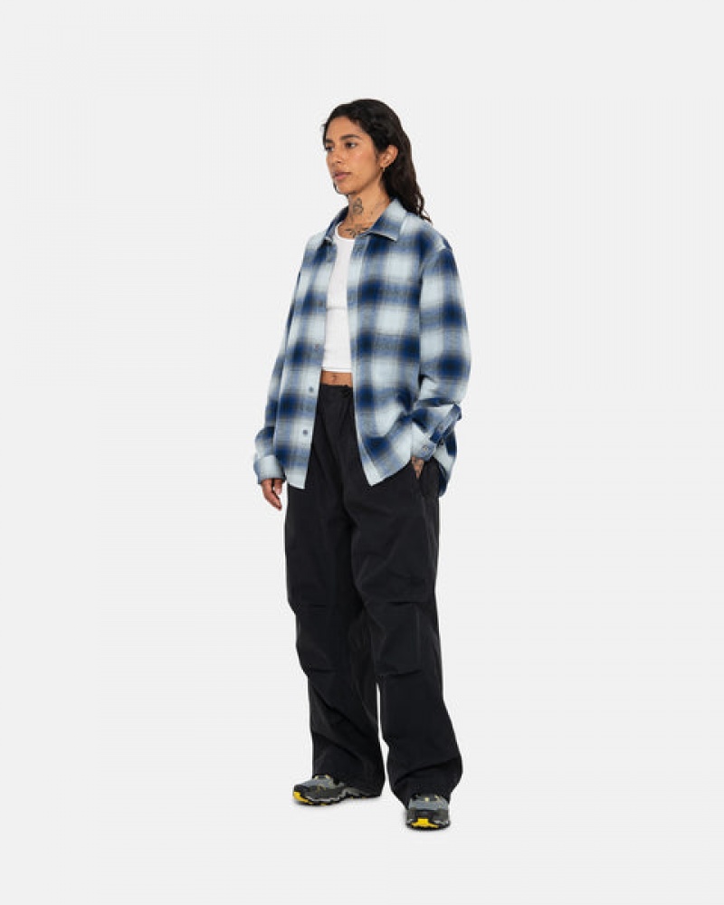 Navy Stussy Bay Plaid Shirt Women's Shirts Jakarta | Indonesia HLW-0459