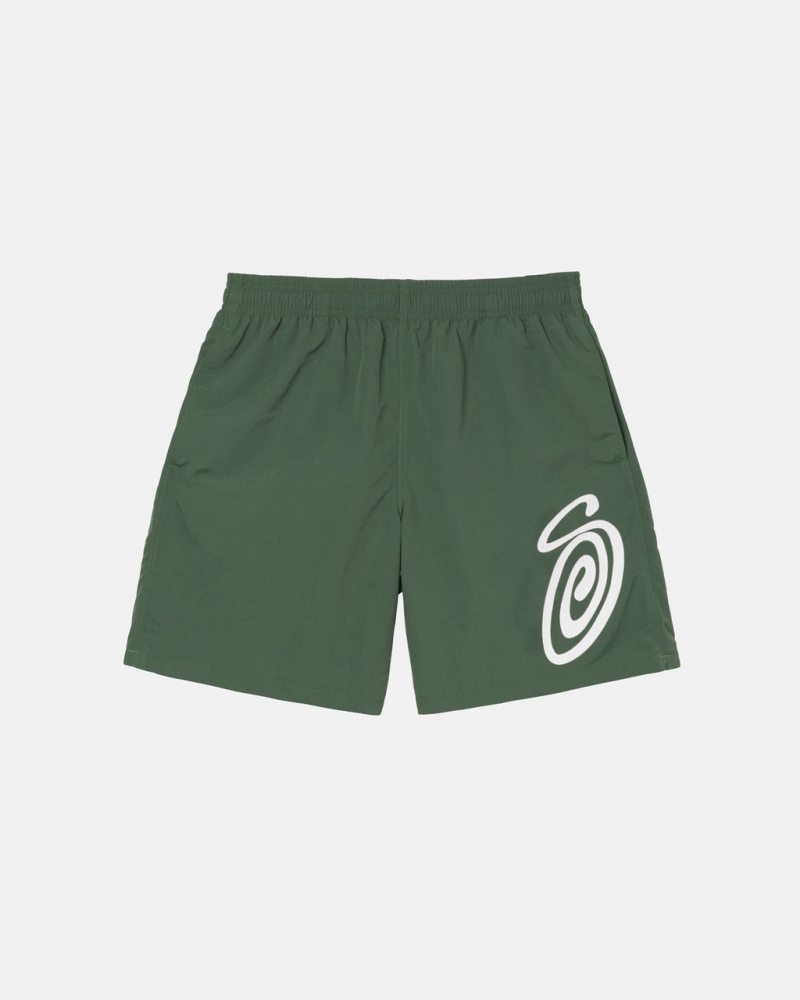 Olive Stussy Curly S Water Short Men\'s Swimwear Jakarta | Indonesia QFK-0903