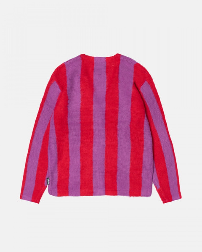 Purple Stussy Stripe Brushed Cardigan Men's Sweaters Jakarta | Indonesia FCL-0433