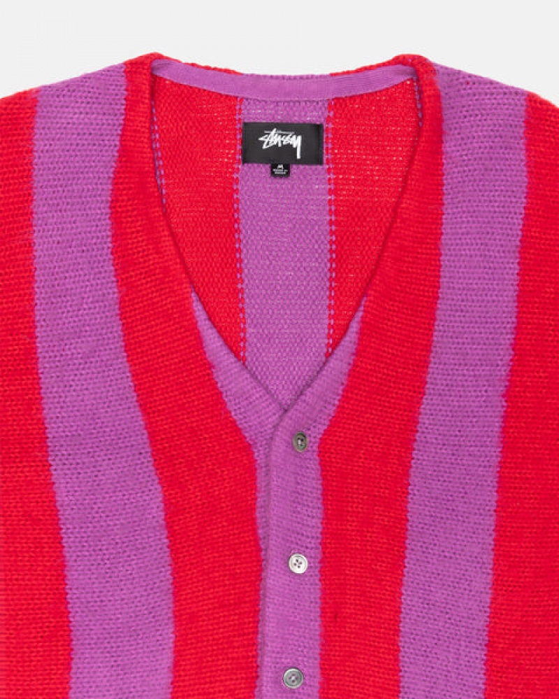 Purple Stussy Stripe Brushed Cardigan Men's Sweaters Jakarta | Indonesia FCL-0433