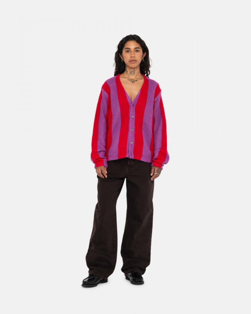 Purple Stussy Stripe Brushed Cardigan Women's Sweaters Jakarta | Indonesia NWH-5939