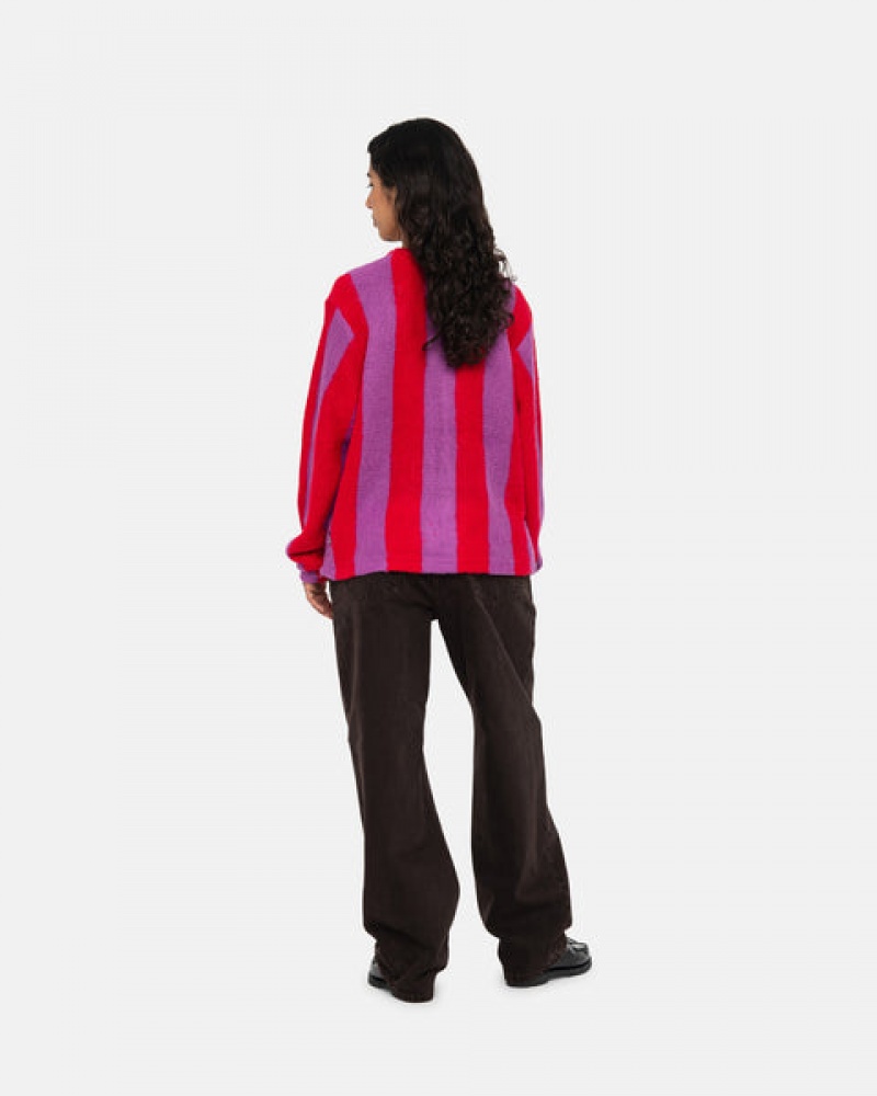 Purple Stussy Stripe Brushed Cardigan Women's Sweaters Jakarta | Indonesia NWH-5939