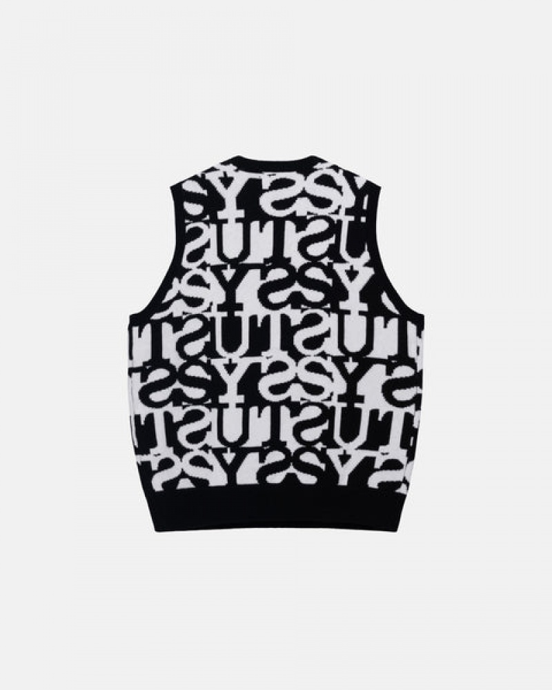 White / Black Stussy Stacked Sweater Vest Men's Sweaters Jakarta | Indonesia ENP-1886