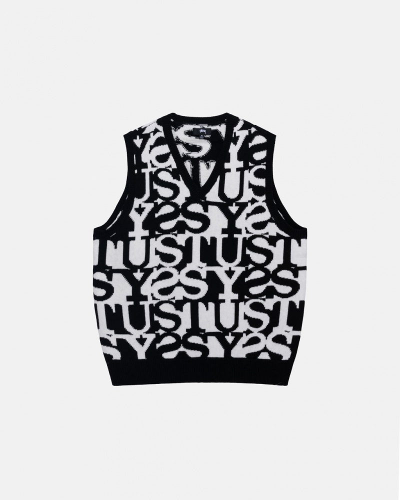 White / Black Stussy Stacked Sweater Vest Men\'s Sweaters Jakarta | Indonesia ENP-1886